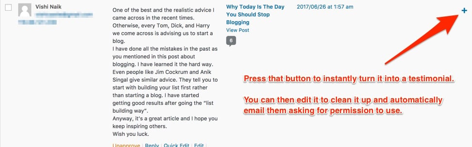 Turn blog comments into testimonials with one click