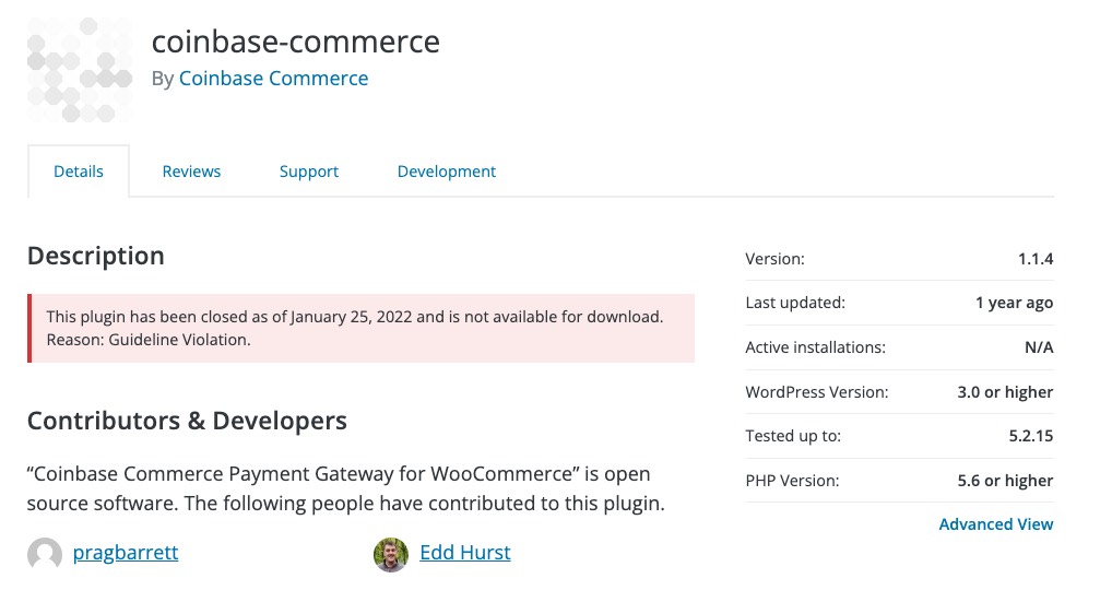 Coinbase Commerce WooCommerce插件停止使用